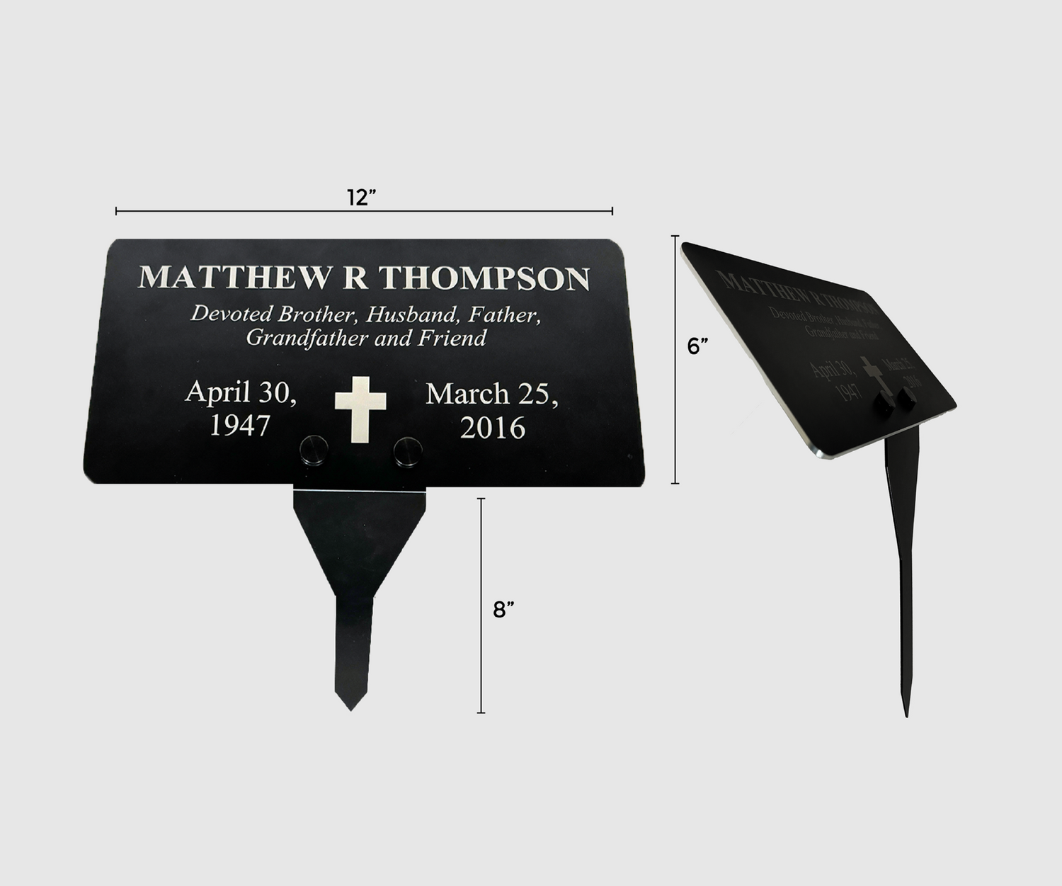 Memorial plaque with engraved text and dimensions on a white background
