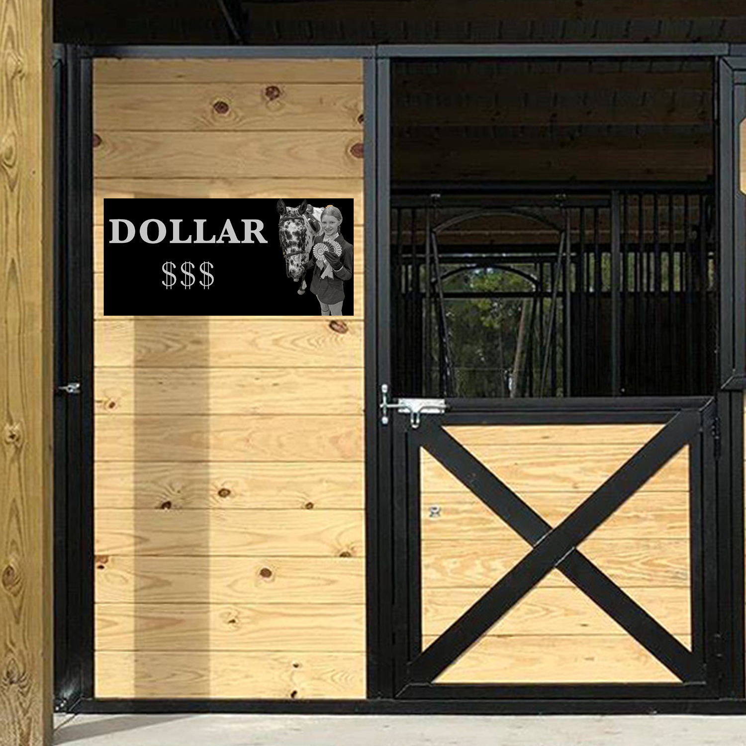 Wooden stable door with black X design and Dollar$$$ logo on a wooden wall.